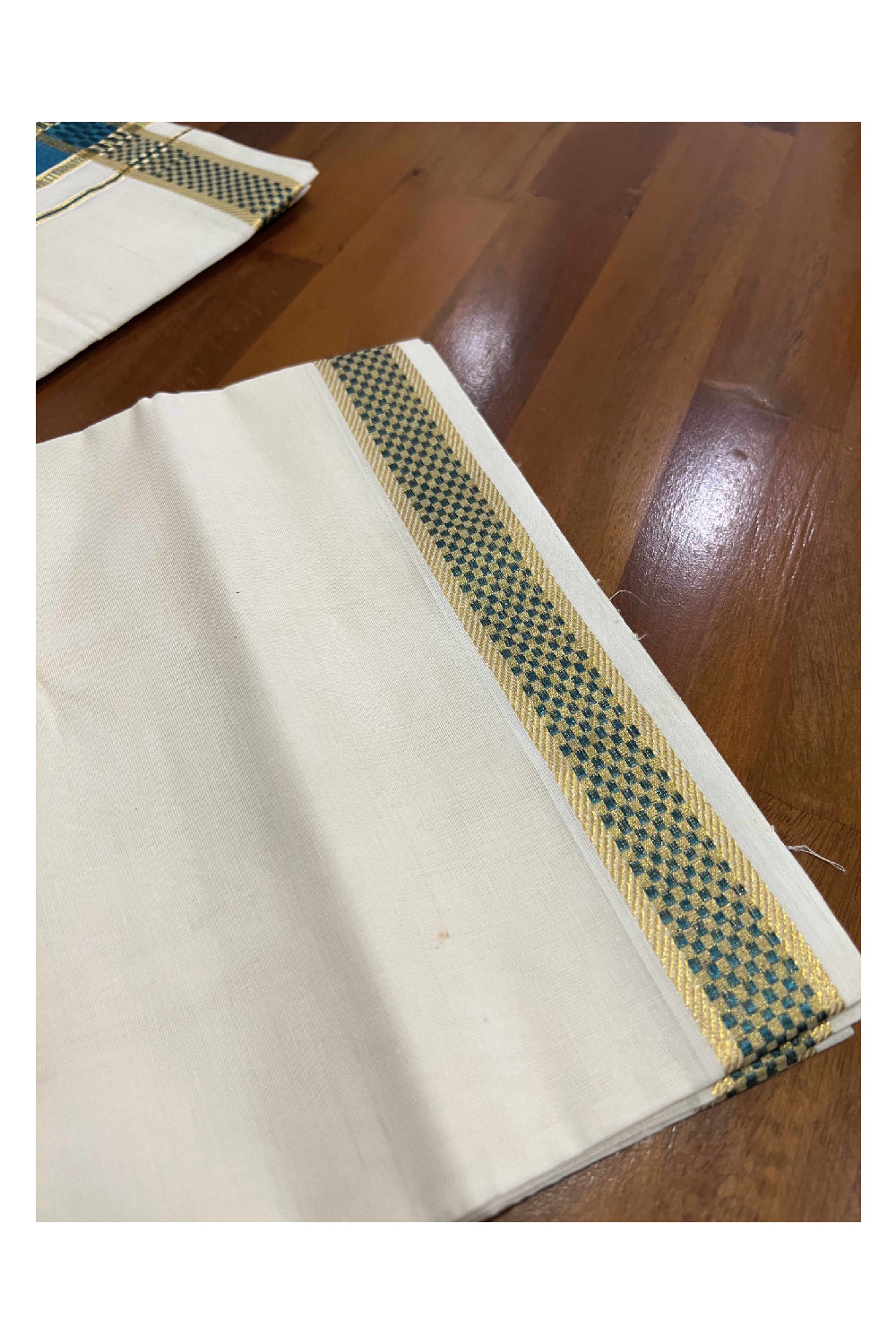 Southloom Kuthampully Handloom Pure Cotton Mundu with Golden and Teal Green Kasavu Border (South Indian Dhoti)