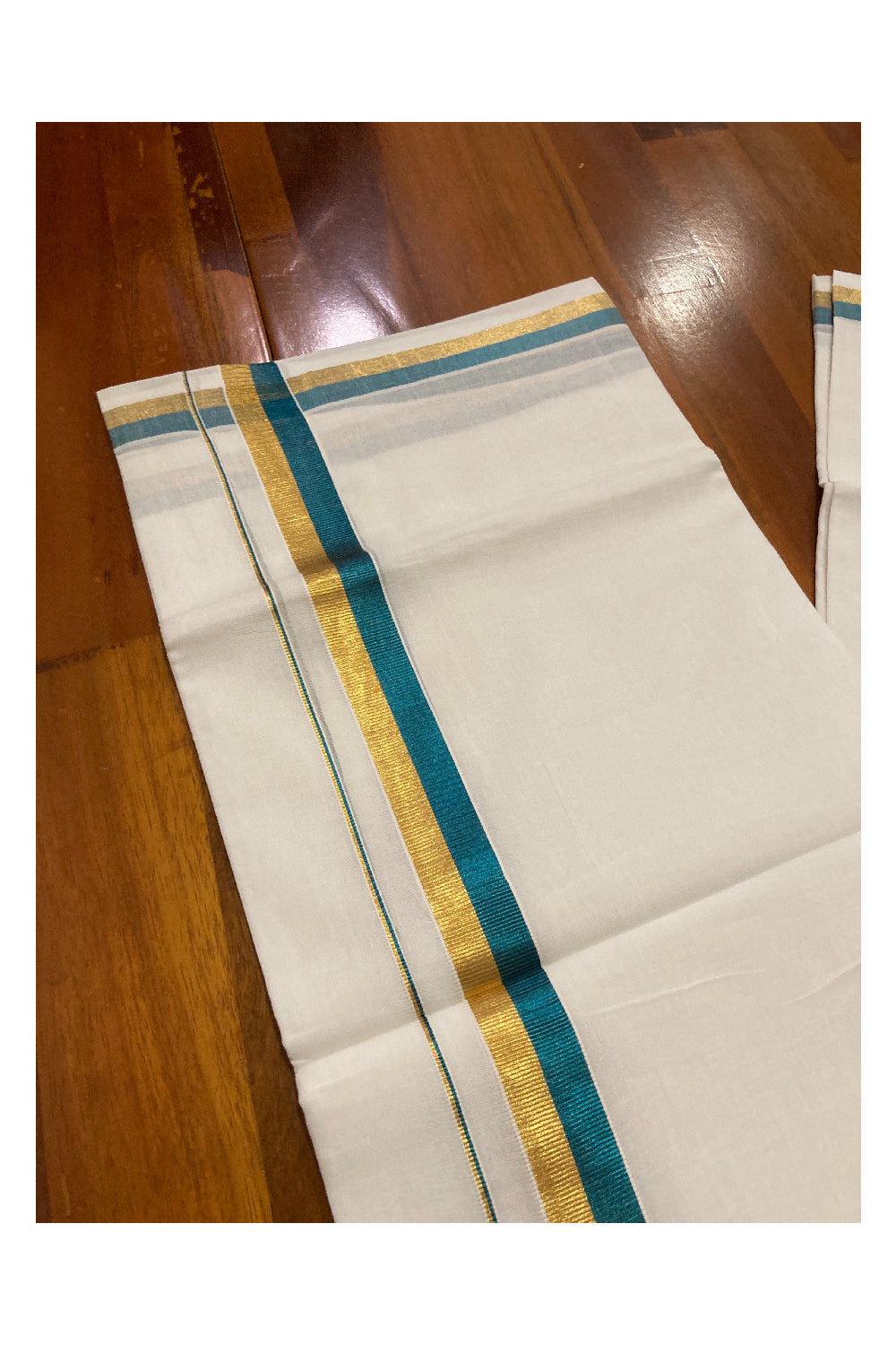 Southloom Premium Handloom Cotton Pure White Mundu with Golden and Teal Blue Kasavu Border (South Indian Dhoti)