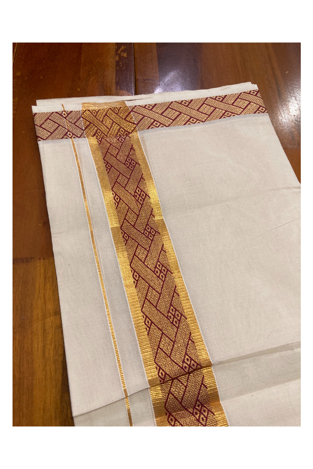 Off White Kerala Double Mundu with Kasavu and Red Woven Border (South Indian Dhoti)