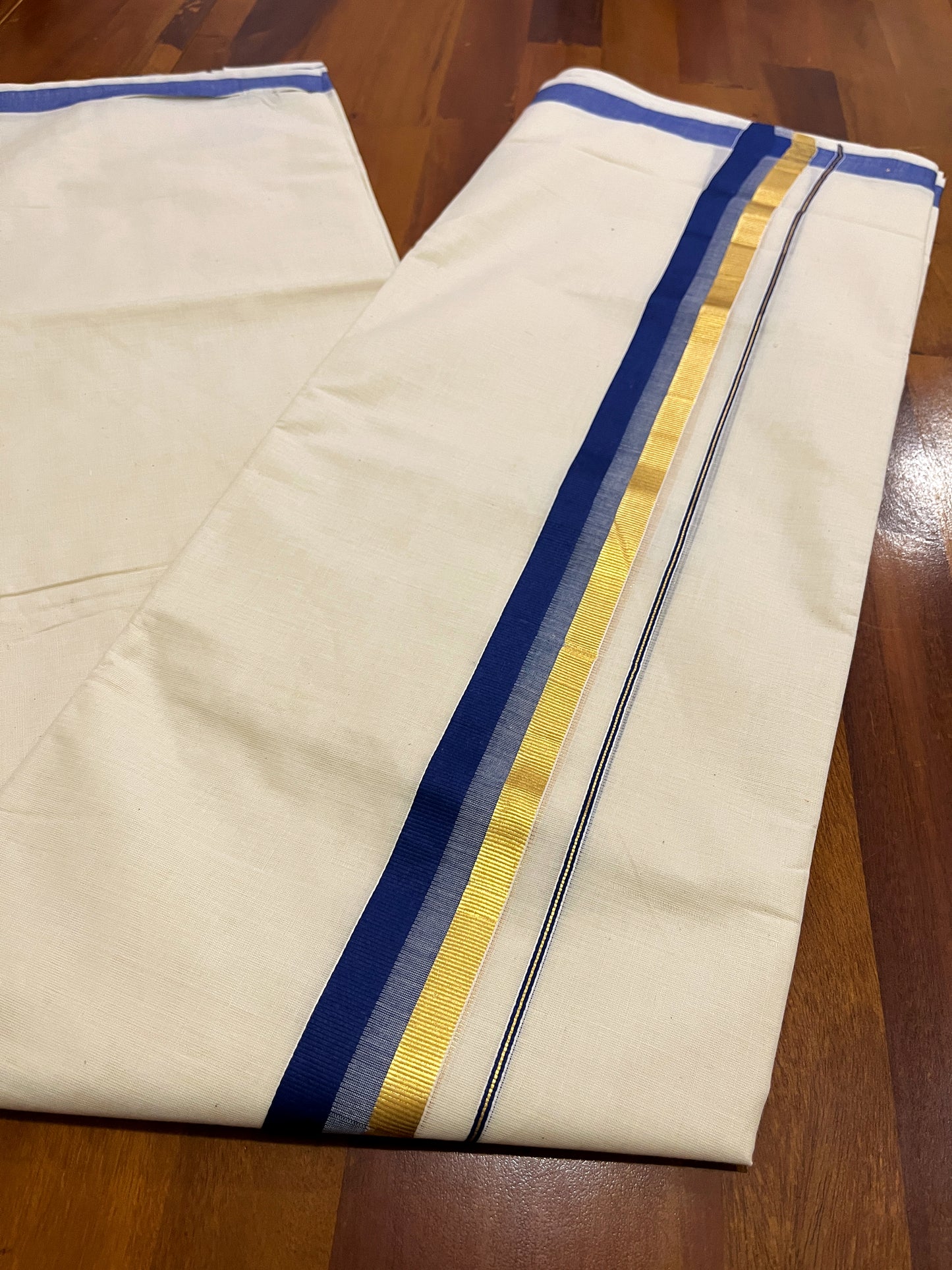 Off White Kerala Double Mundu with Kasavu and Blue Kara (South Indian Dhoti)