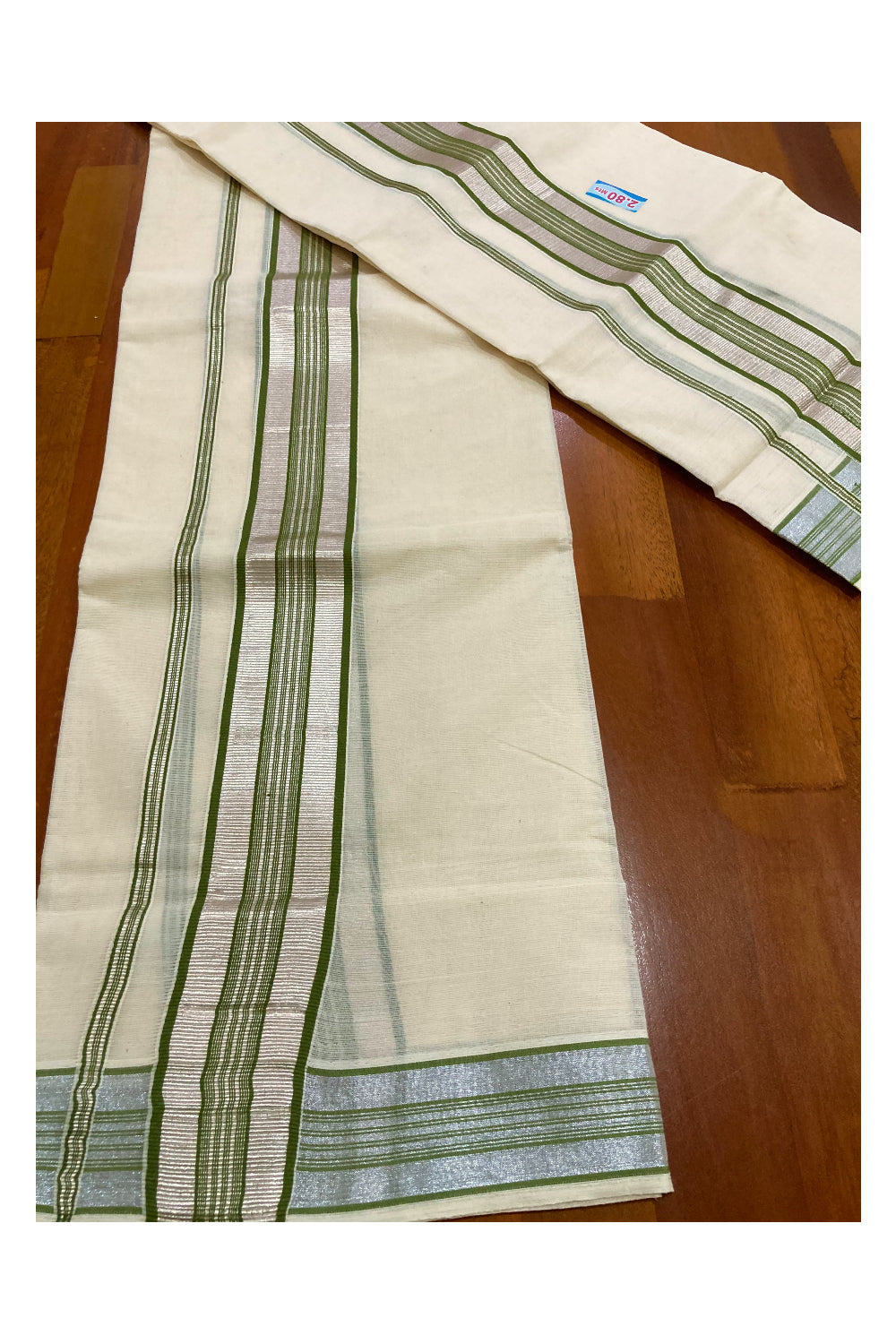 Kerala Cotton Mundum Neriyathum Single (Set Mundu) with Green and Silver Kasavu Border 2.80 Mtrs