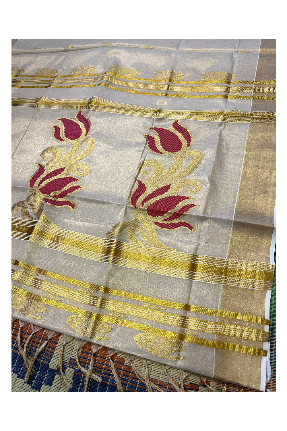 Kerala Tissue Kasavu Saree with Golden and Red Heavy Woven Works (Vishu Saree 2023)