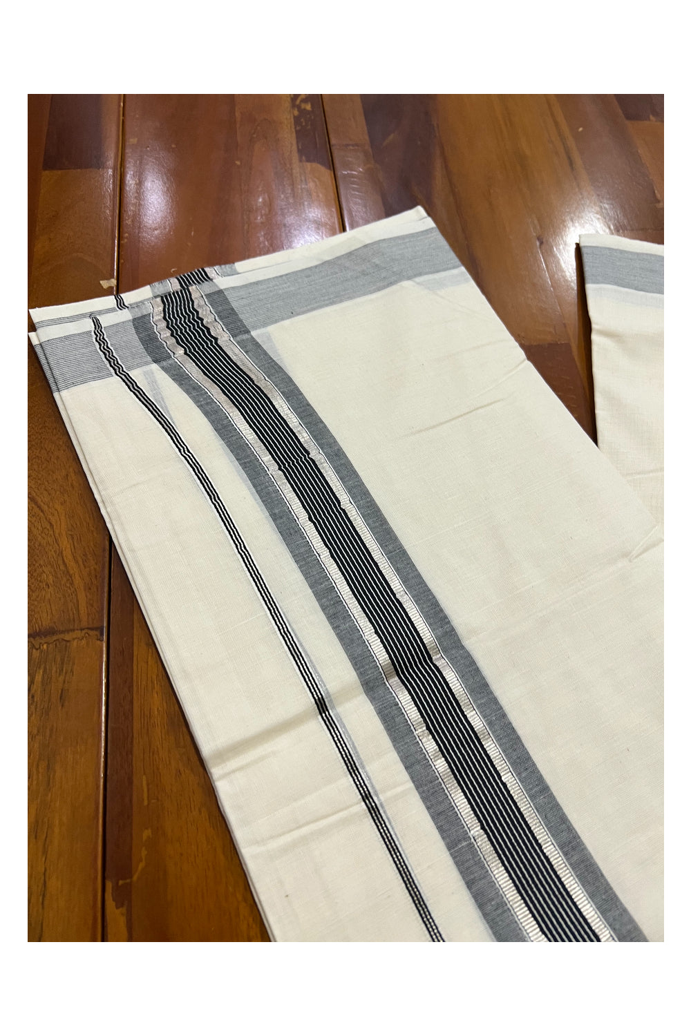 Off White Kerala Double Mundu with Silver Kasavu and Black Line Border (South Indian Dhoti)