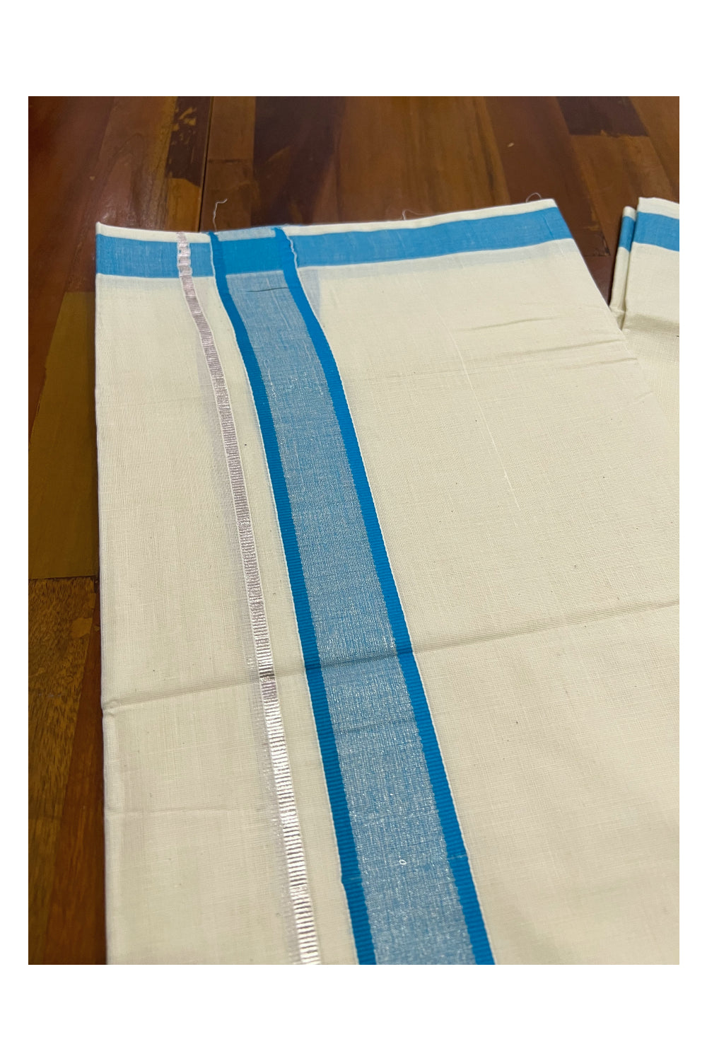 Pure Cotton Off White Double Mundu with Silver Kasavu and Light Blue Border (South Indian Dhoti)