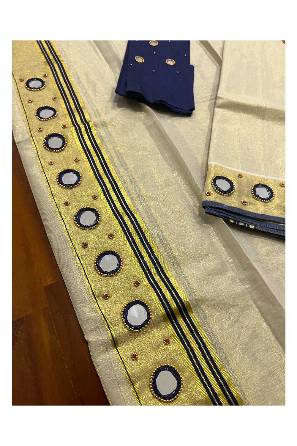 Kerala Tissue Kasavu Set Mundu (Mundum Neriyathum) with Navy Blue Border and Mirror Bead Handwork Design 2.80 Mtrs (Include Blouse Piece)