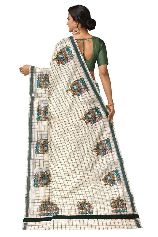 Pure Cotton Green Check Design Kerala Saree with Krishna Mural Prints and Silver Border