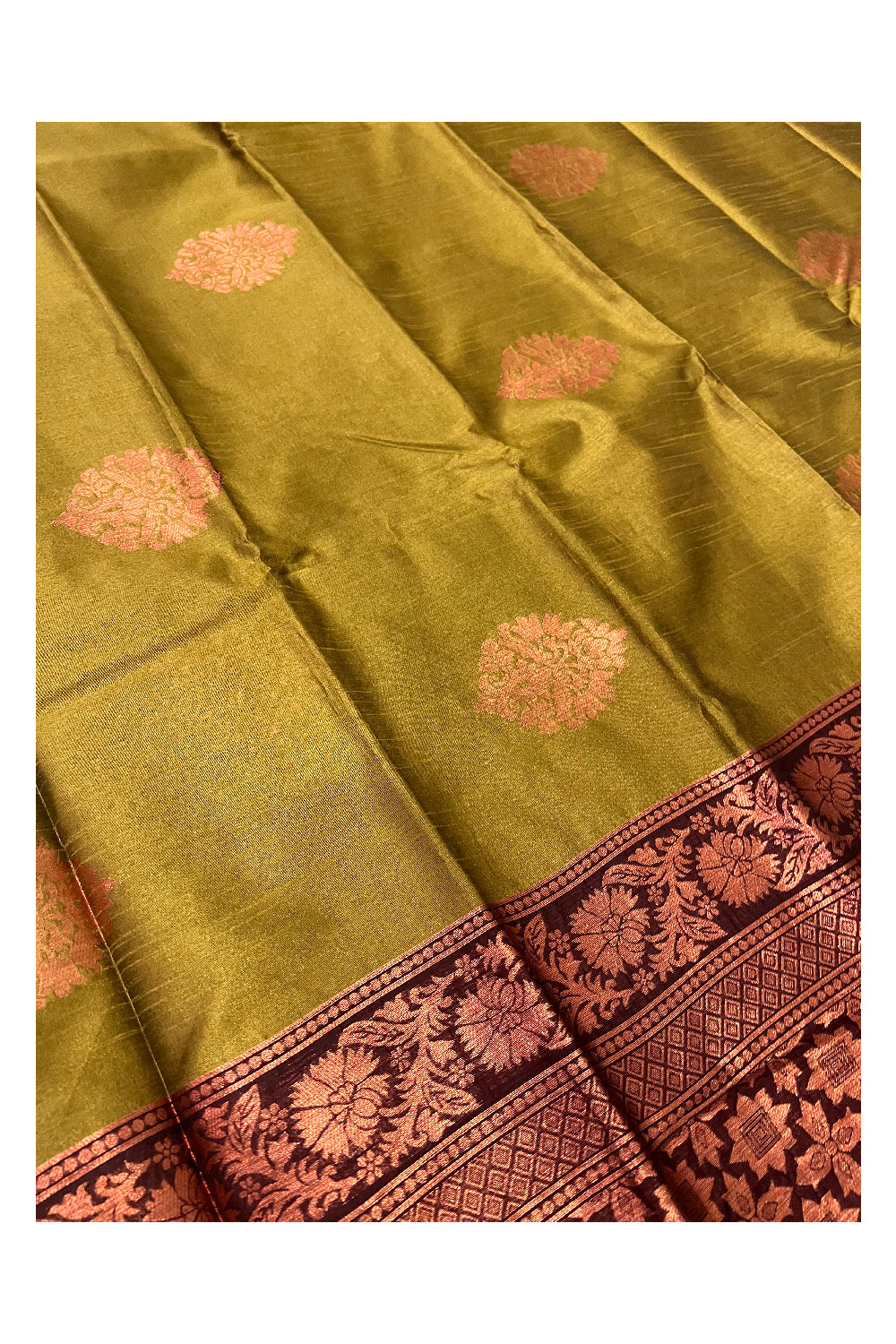 Southloom Green Semi Silk Designer Saree with Copper Kasavu Woven Works on Body