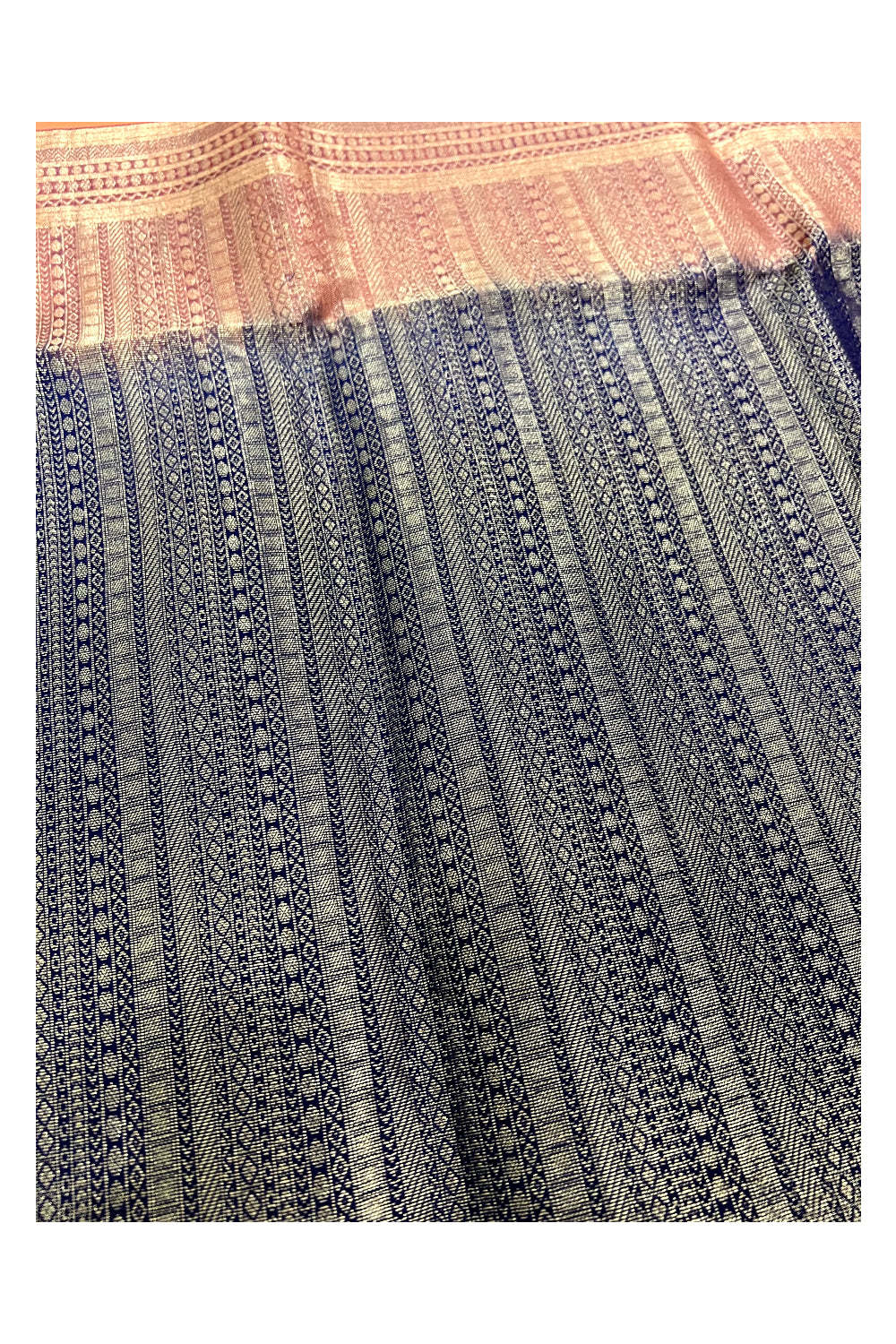 Southloom Handloom Pure Silk Kanchipuram Saree with Peach Body and Navy Blue Blouse Piece