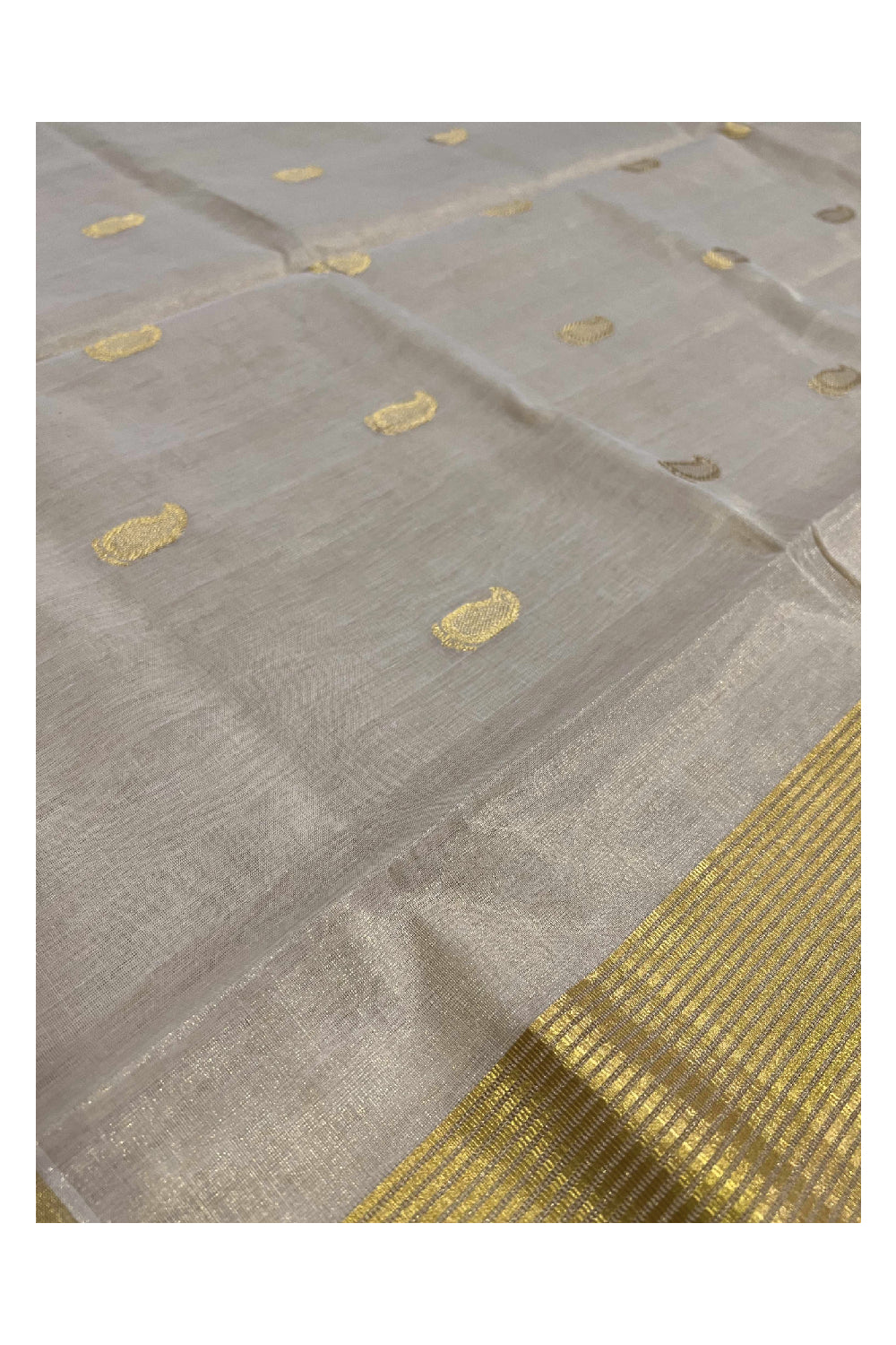 Southloom™ Original Handloom Kasavu Tissue Handwoven Paisley Heavy Work Saree