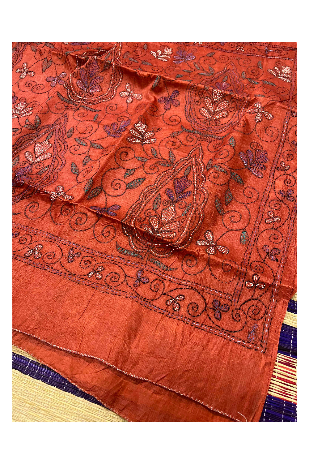 Southloom Kantha Thread Work Designer Dark Orange Saree