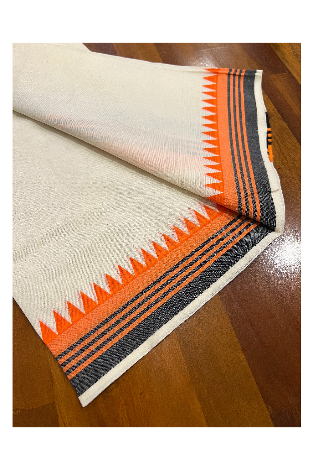 Pure Cotton Set Mundu (Mundum Neriyathum) with Orange and Black Temple Block Prints on Border