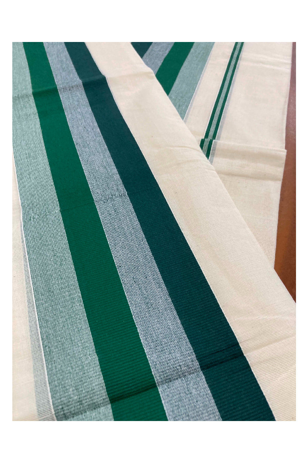 Kerala Cotton Mundum Neriyathum Single (Set Mundu) with Green Lines Border 2.80 Mtrs