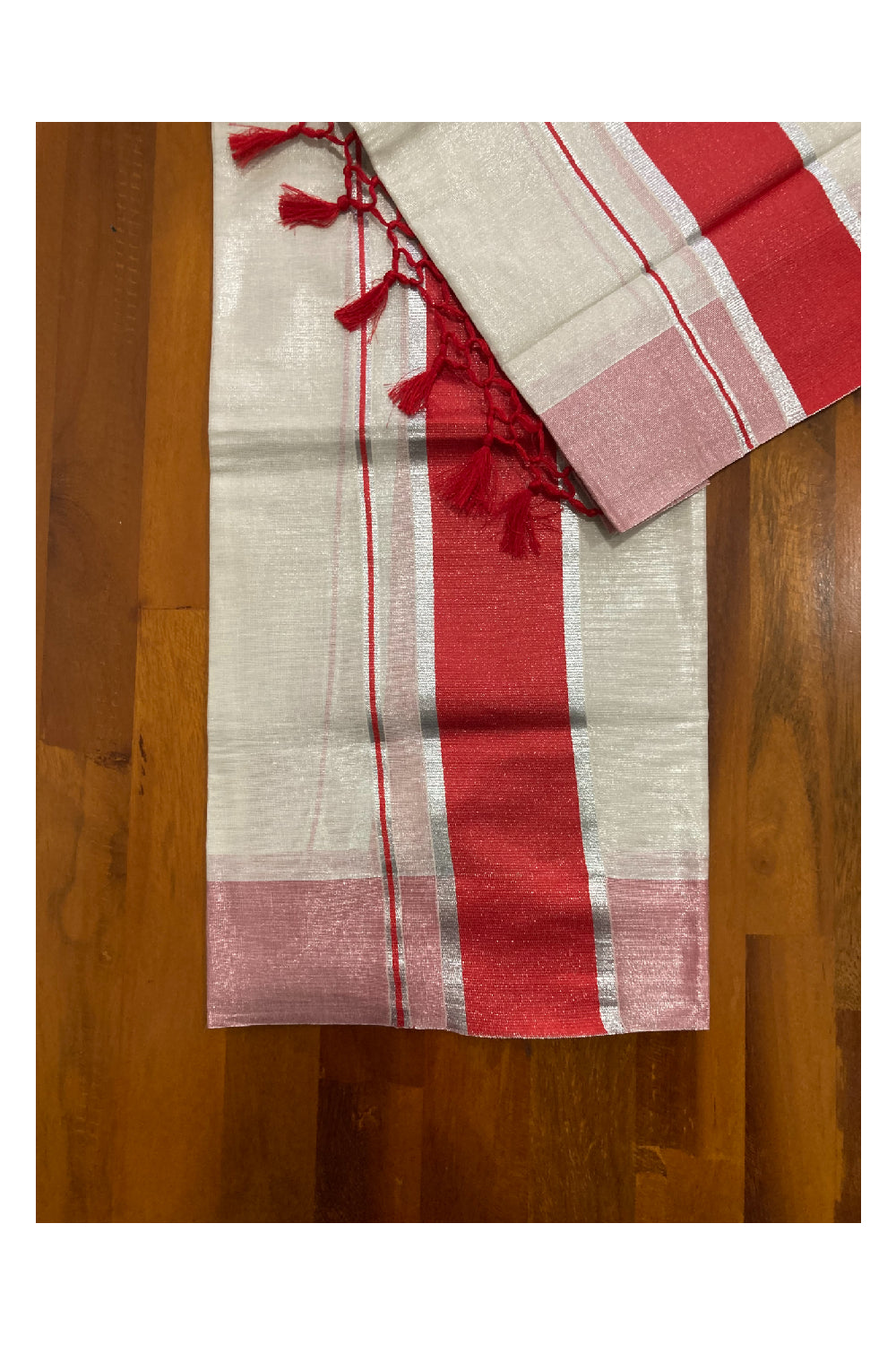 Kerala Silver Tissue Kasavu Single Set Mundu (Mundum Neriyathum) with Red Kara and Tassels on Pallu 2.80 Mtrs