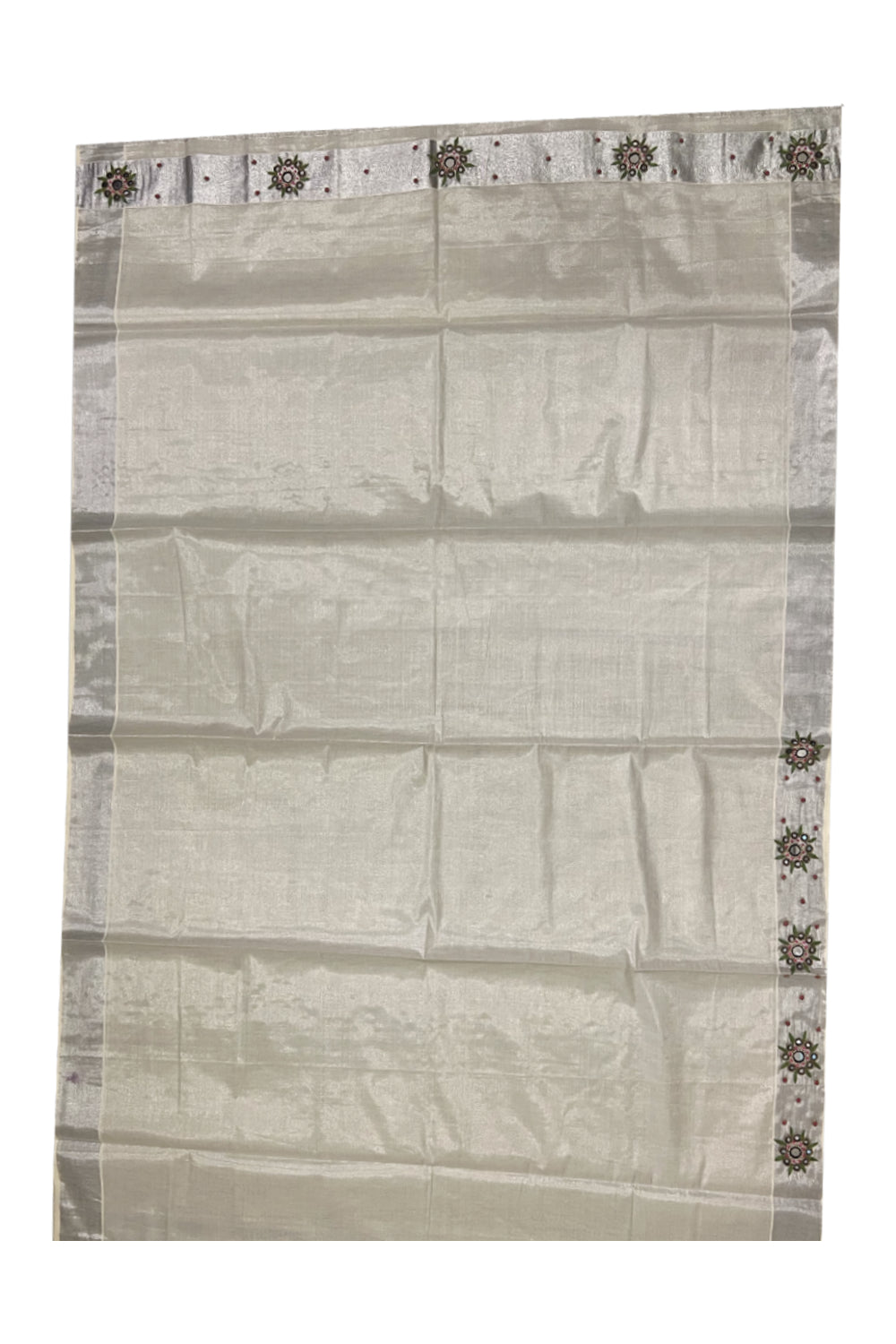 Kerala Silver Tissue Kasavu Saree with Embroidery Bead and Mirrorwork Design