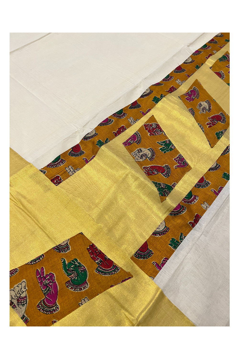 Kerala Pure Cotton Fusion Art Brown Hand Figures Printed Kasavu Saree with Printed Blouse Piece