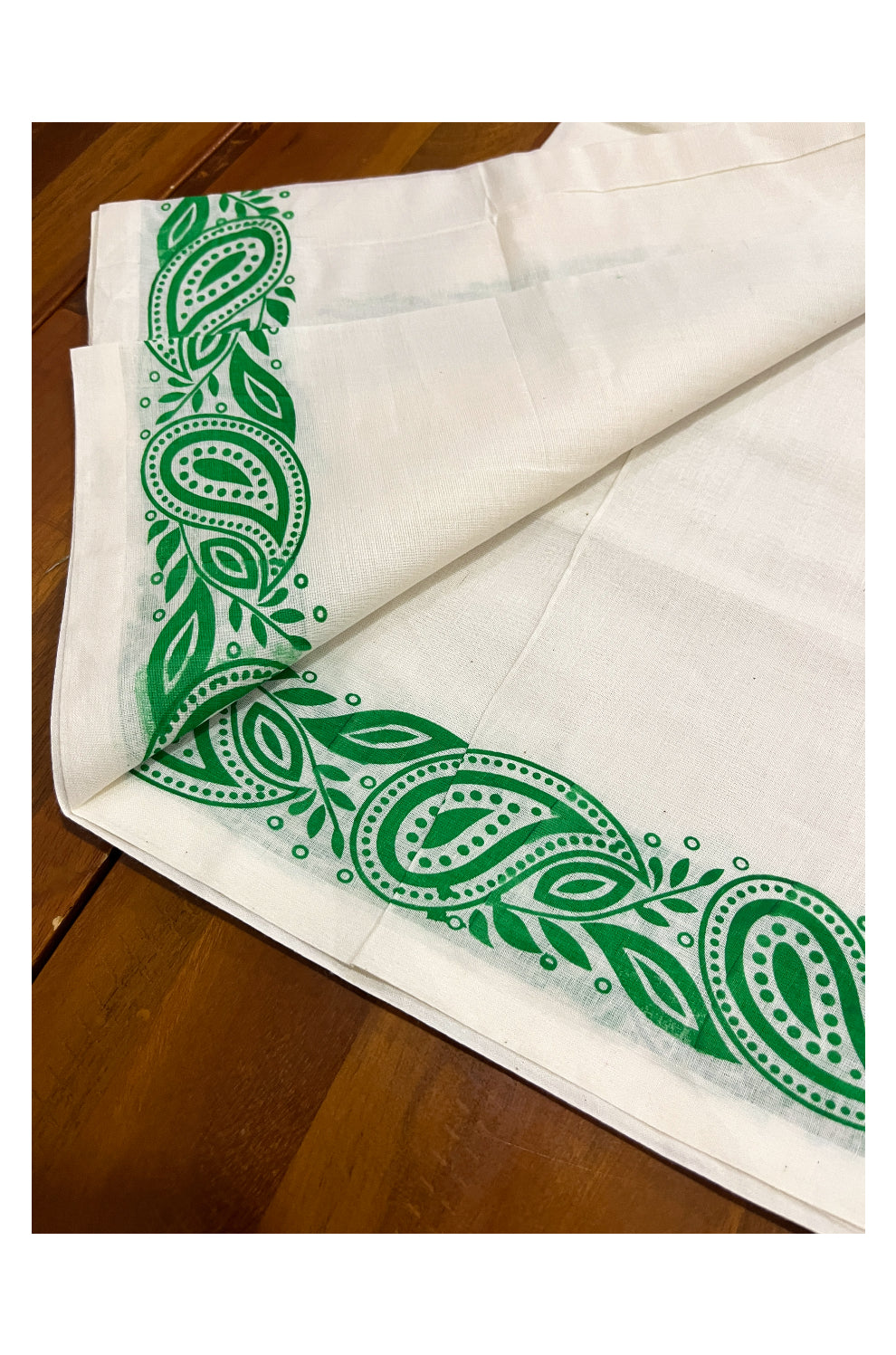 Kerala Cotton Set Mundu (Mundum Neriyathum) with Green Paisley Block Prints on Border 2.80 Mtrs