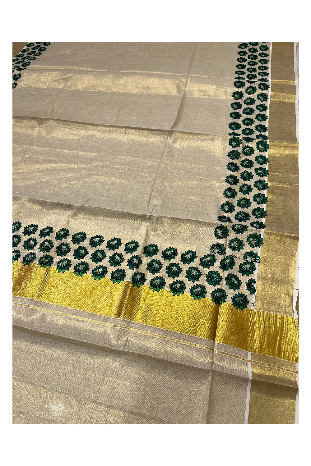 Kerala Tissue Kasavu Saree with Green Floral Block Printed Design