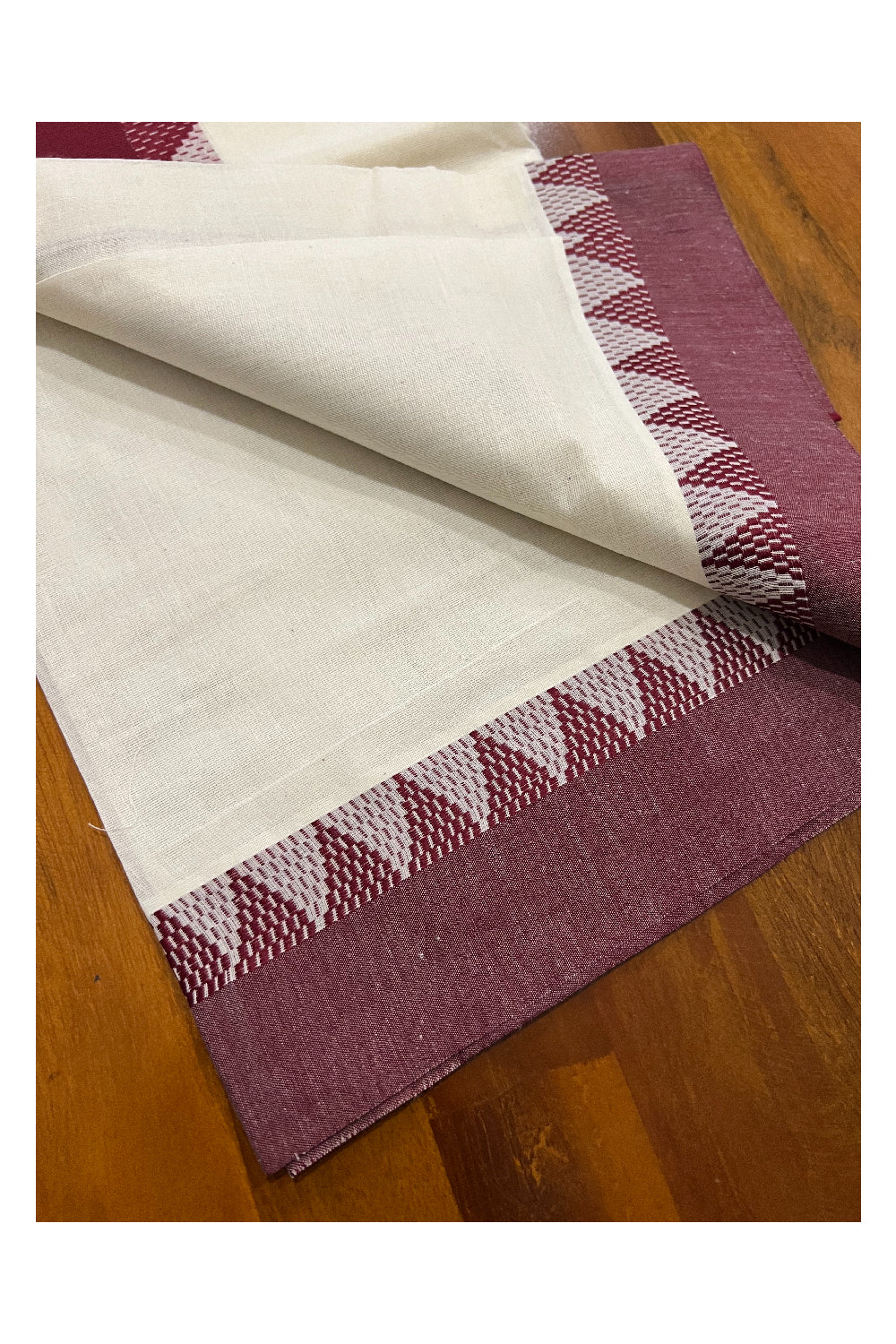 Kerala Cotton Mundum Neriyathum Single (Set Mundu) with Maroon Temple Woven Border