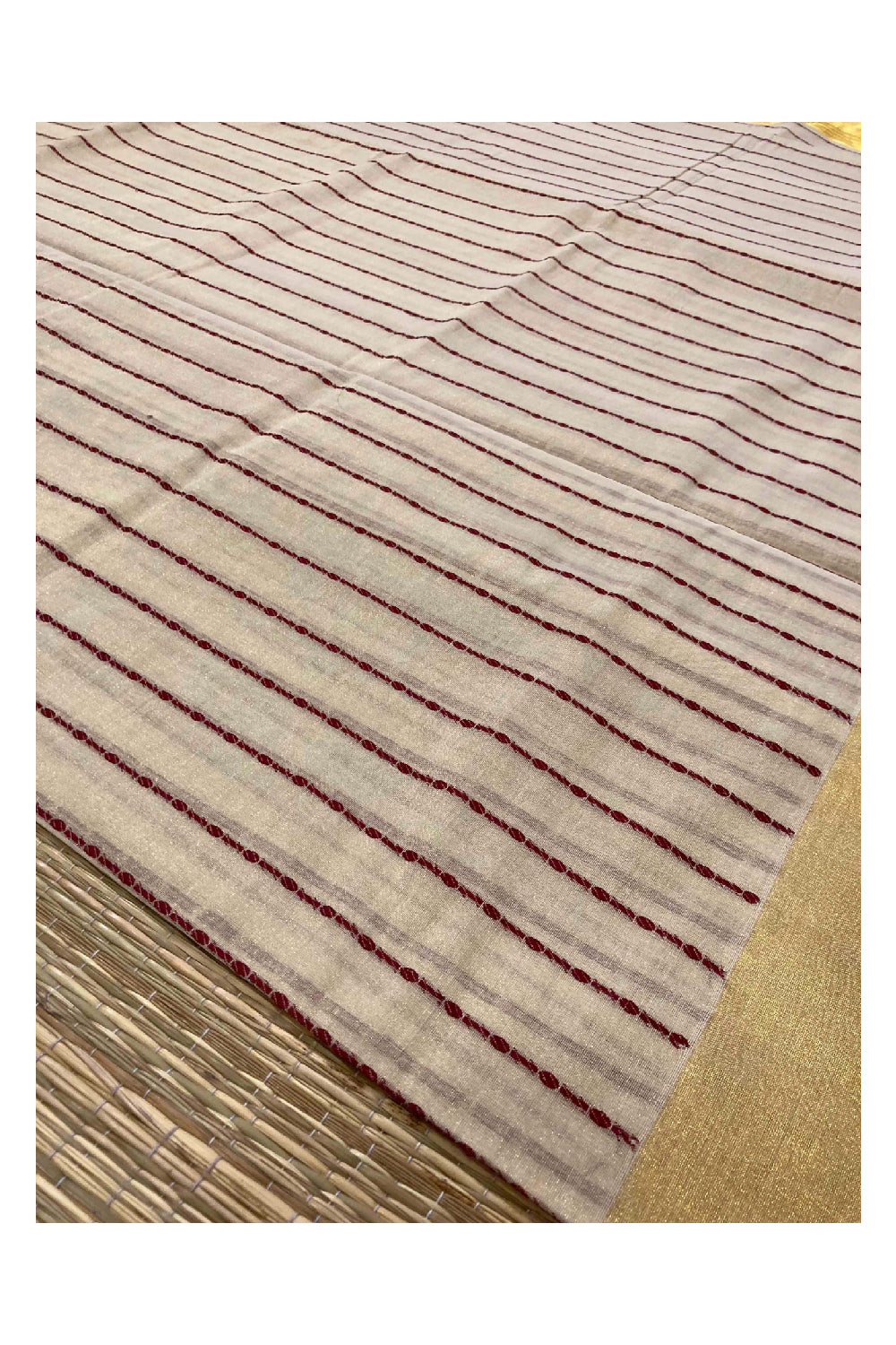 Southloom Kuthampully Handloom Tissue Saree with Kasavu and Marron Stripes Body