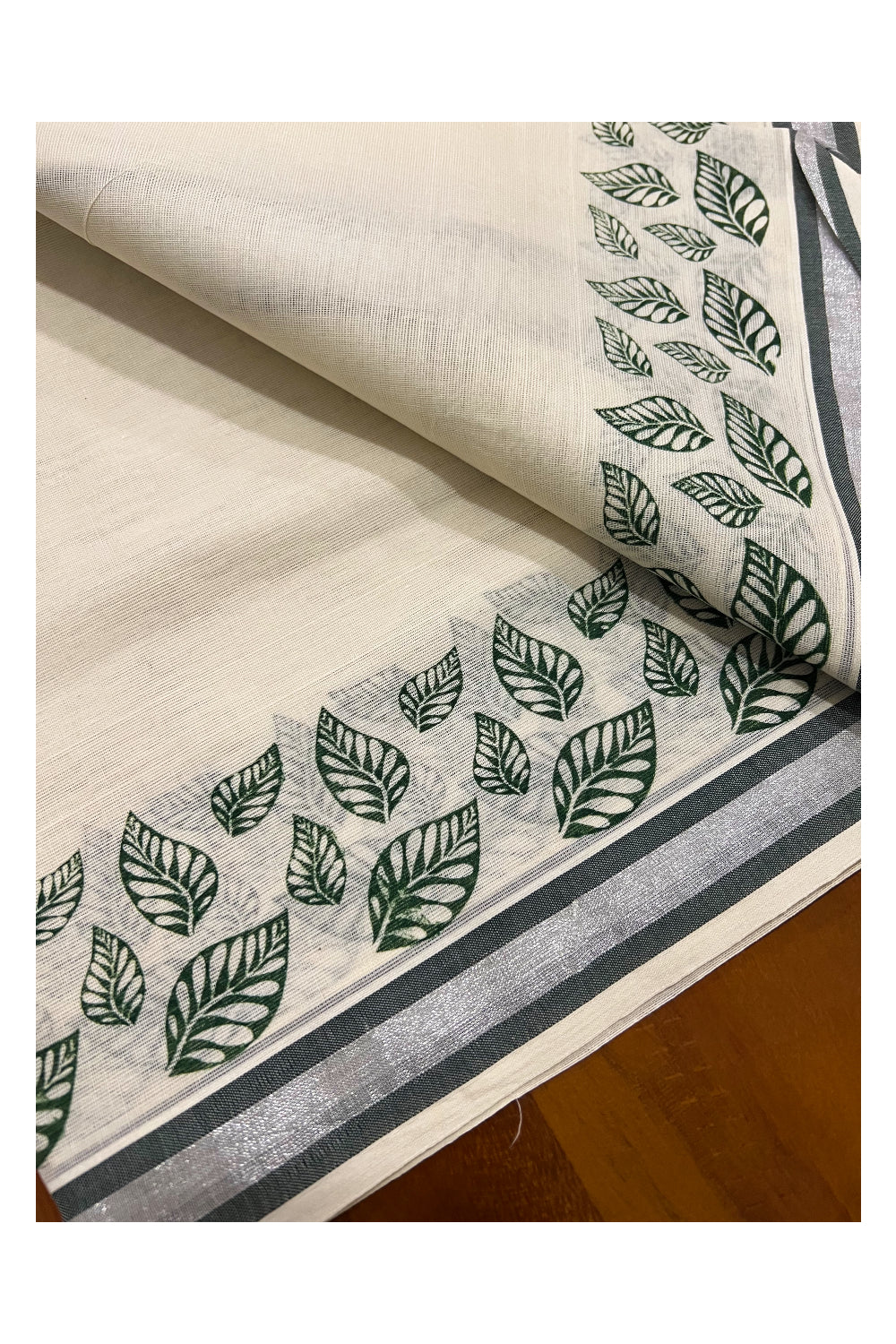 Cotton Silver Kasavu Set Mundu (Mundum Neriyathum) with Dark Green Leaf Block Prints on Border