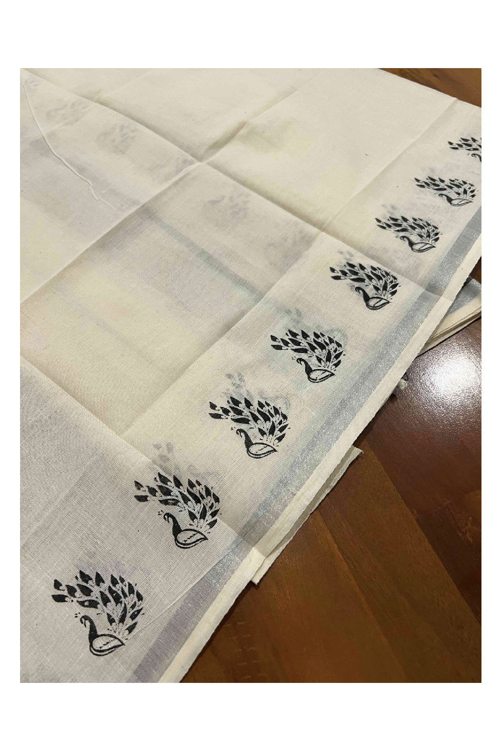 Kerala Cotton Set Mundu (Mundum Neriyathum) with Silver and Black Block Printed Border