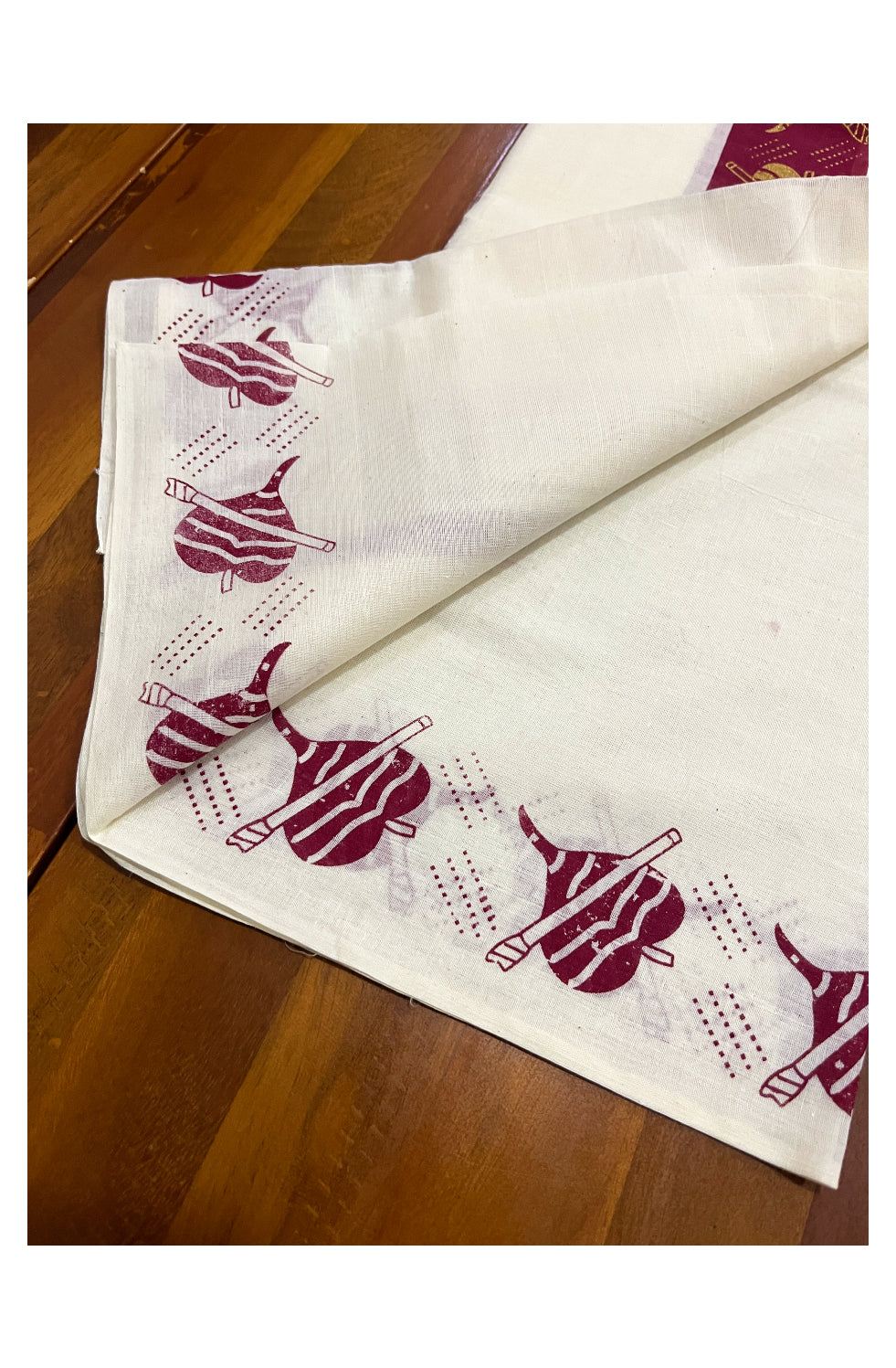 Kerala Cotton Set Mundu (Mundum Neriyathum) with Golden Leaf and Flute Block Prints on Maroon Border 2.80 Mtrs