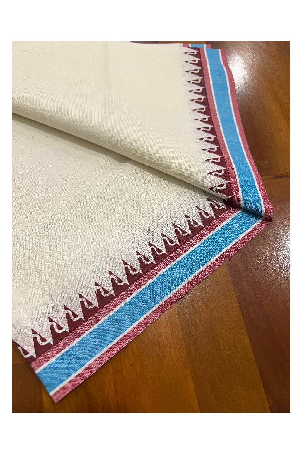 Kerala Cotton Mulloth Mundum Neriyathum Single (Set Mundu) with Dark Maroon Temple Block Prints and Blue Border (Extra Soft Cotton)