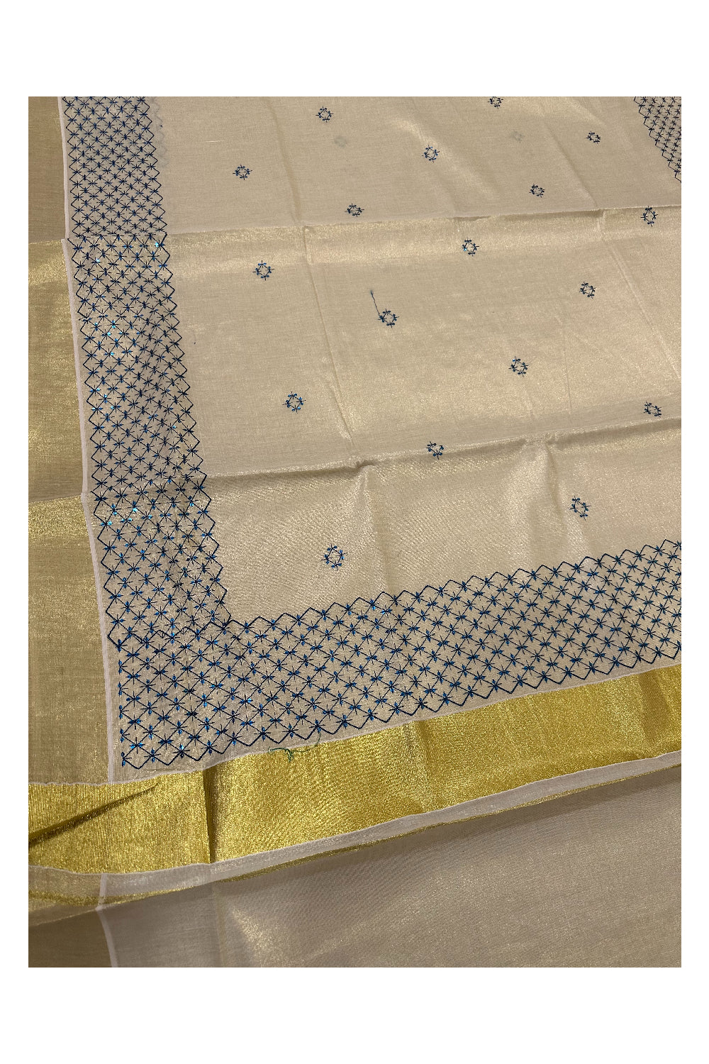 Kerala Tissue Kasavu Sequins Heavy Work Saree with Blue Thread Work Design