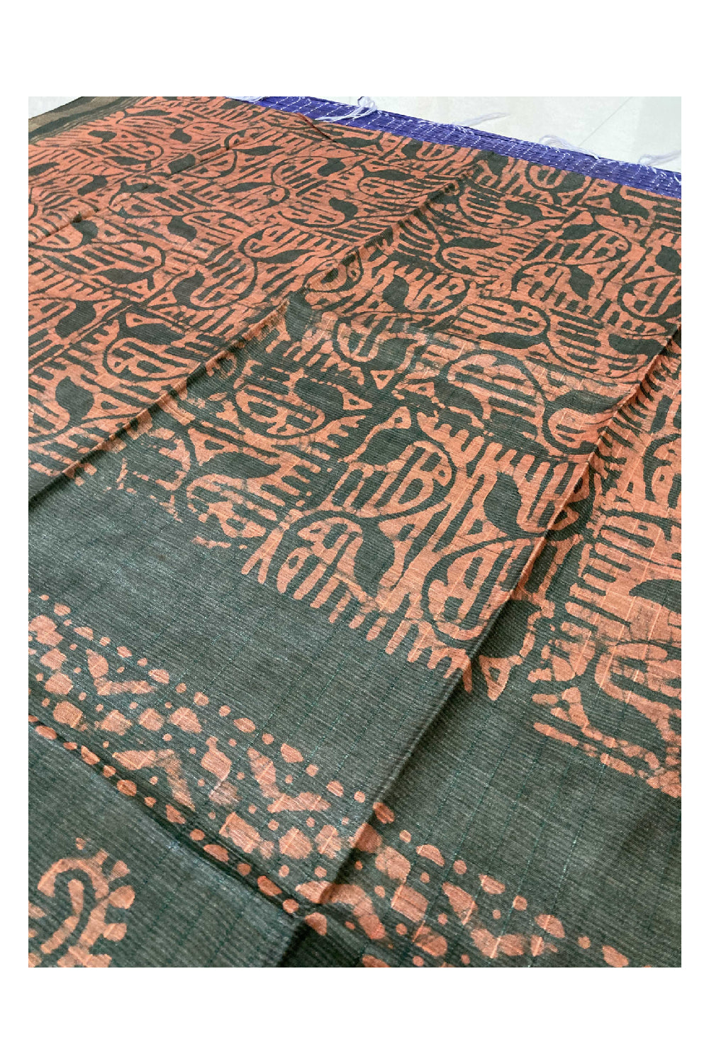 Southloom Cotton Green Designer Saree with Orange Baswara Print