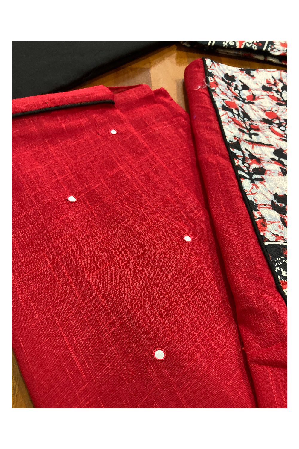 Southloom™ Cotton Churidar Salwar Suit Material in Red and Printed Mirror Work on Yoke Portion