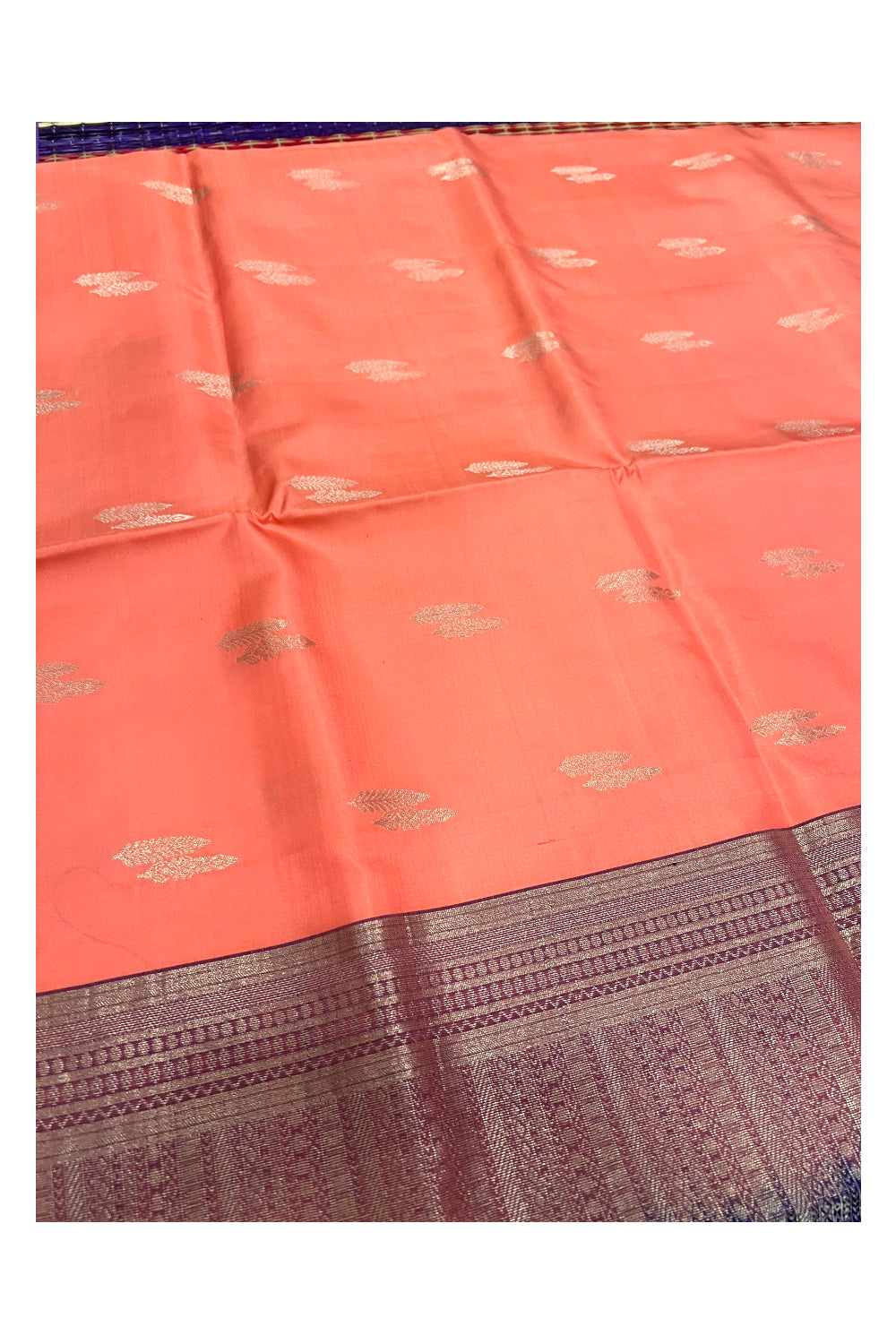 Southloom Handloom Pure Silk Kanchipuram Saree with Peach Body and Navy Blue Blouse Piece