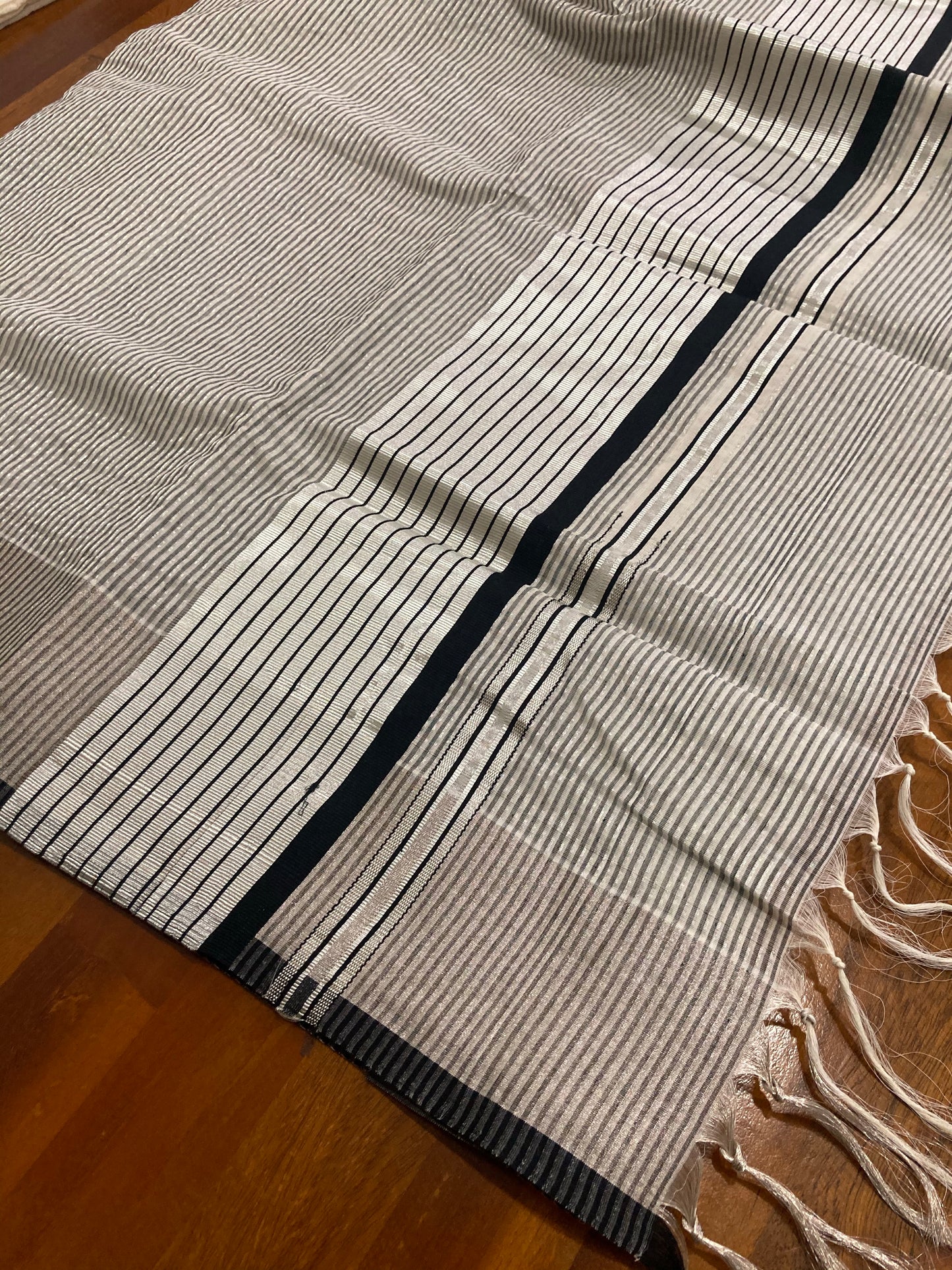 Southloom Handloom Silver Kasavu Saree with Black Stripes and Checks