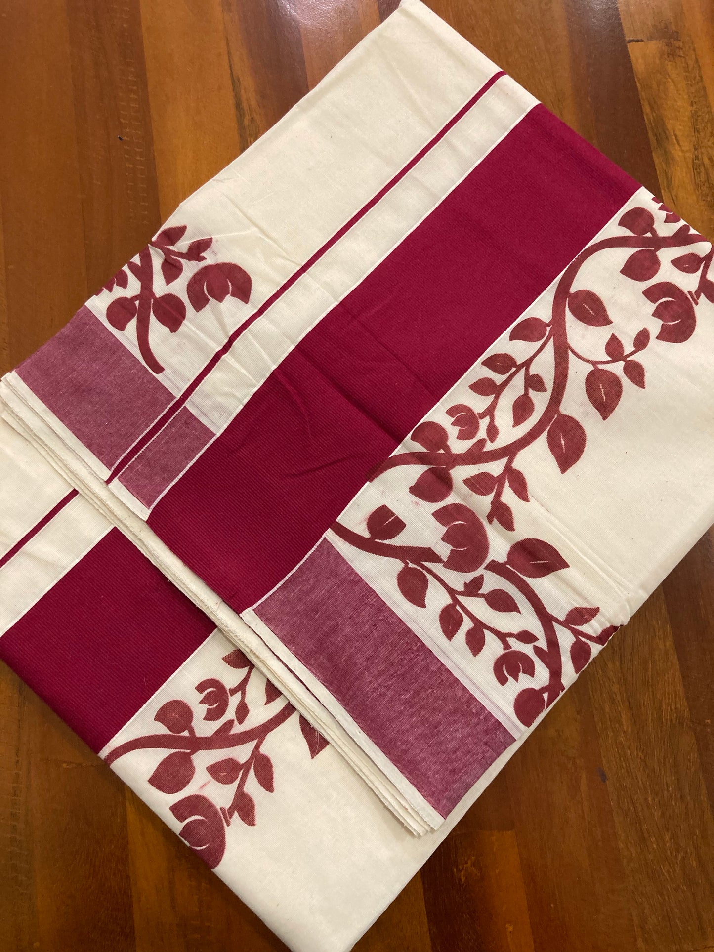 Southloom Original Design Onam Kerala Saree with Floral Vines Block Print