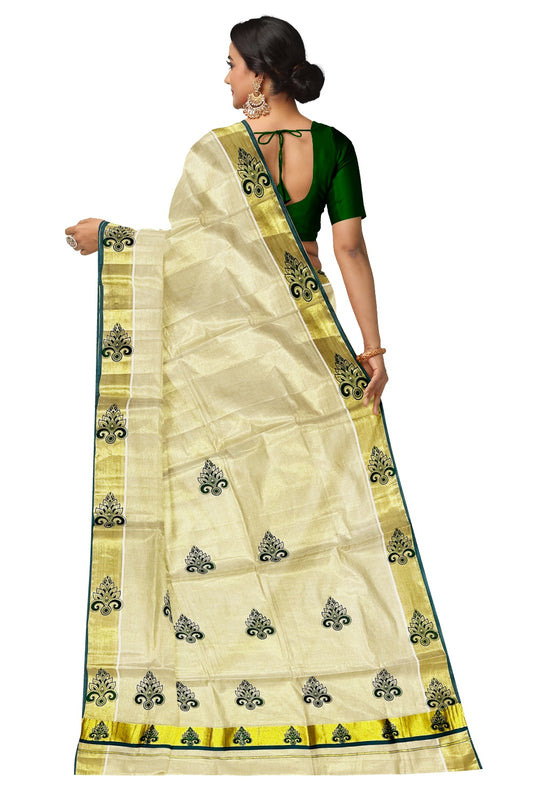 Kerala Tissue Kasavu Saree with Green Block Printed Design and Tassels Work on Pallu