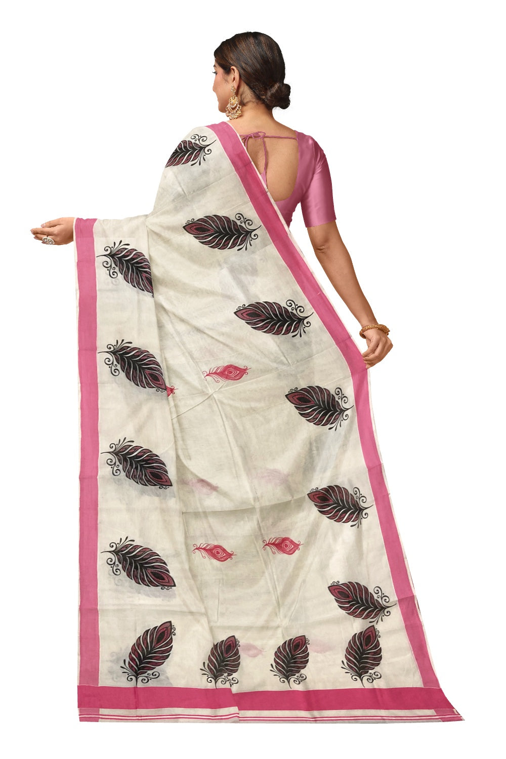Pure Cotton Kerala Saree with Feather Block Printed Design and Pink Border