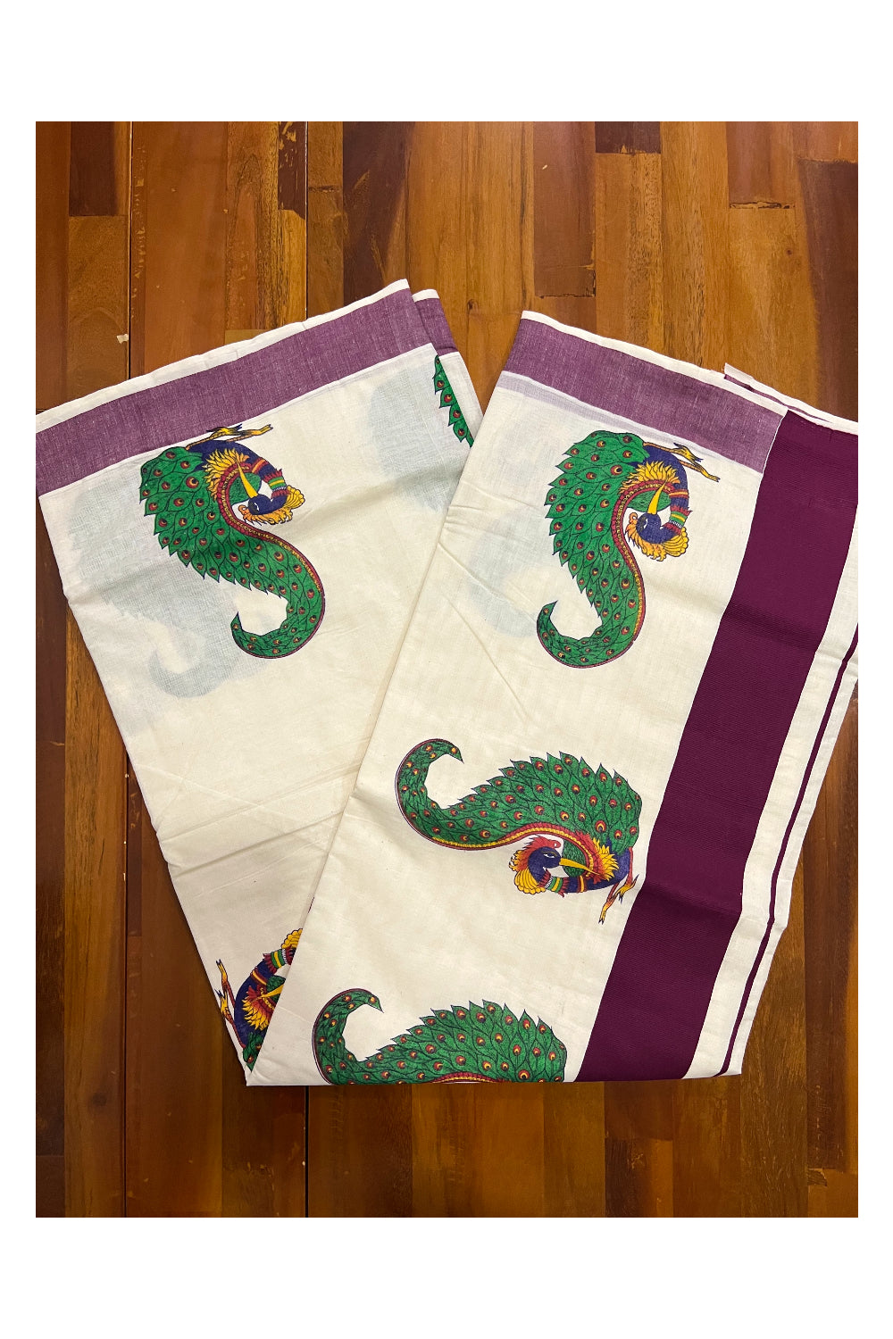 Kerala Pure Cotton Purple Border Saree with Peacock Mural Printed Design