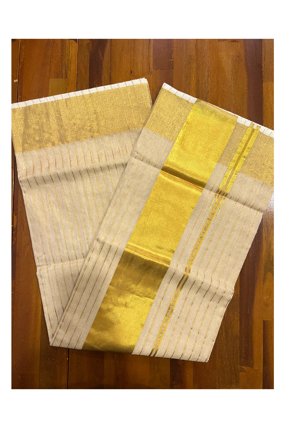 Southloom Premium Handloom Tissue Kasavu Saree with Lines Across Body