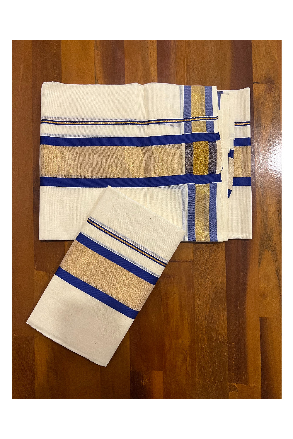 Kerala Cotton Set Mundu (Mundum Neriyathum) with Kasavu and Dark Blue Border