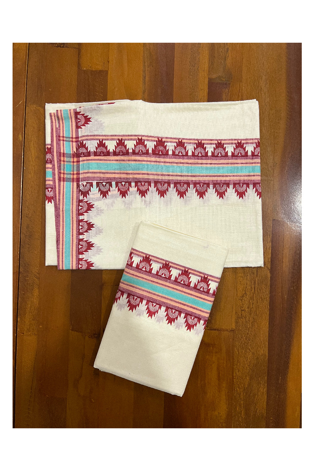 Kerala Cotton Mulloth Mundum Neriyathum Single (Set Mundu) with Brick Red Temple Block Prints on Turquoise and Brick Red Border (Extra Soft Cotton)