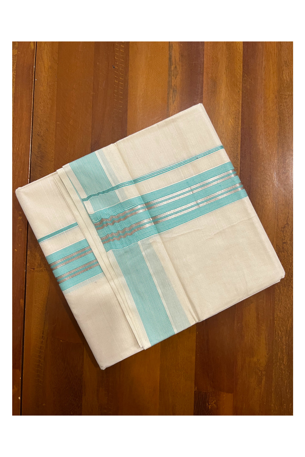 Off White Kerala Double Mundu with Silver Kasavu and Turquoise Line Border (South Indian Dhoti)