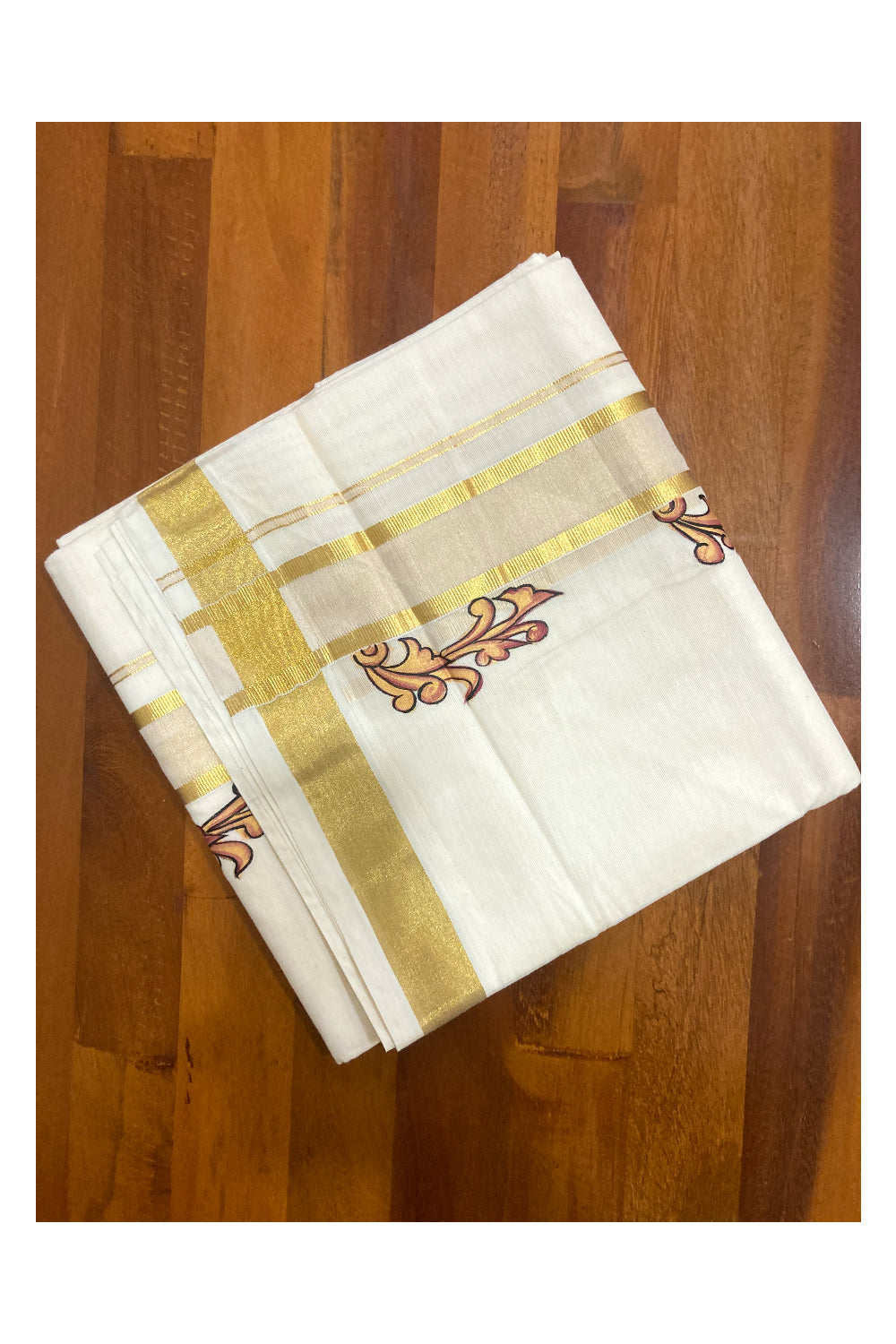 Off White Pure Cotton Double Mundu with Mural Prints on Kasavu Kara (South Indian Dhoti)