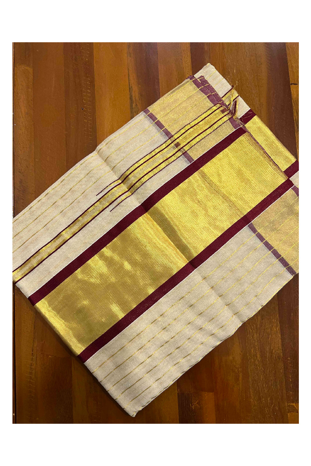 Southloom Premium Kuthampully Handloom Stripes Work Tissue Saree with Maroon Border
