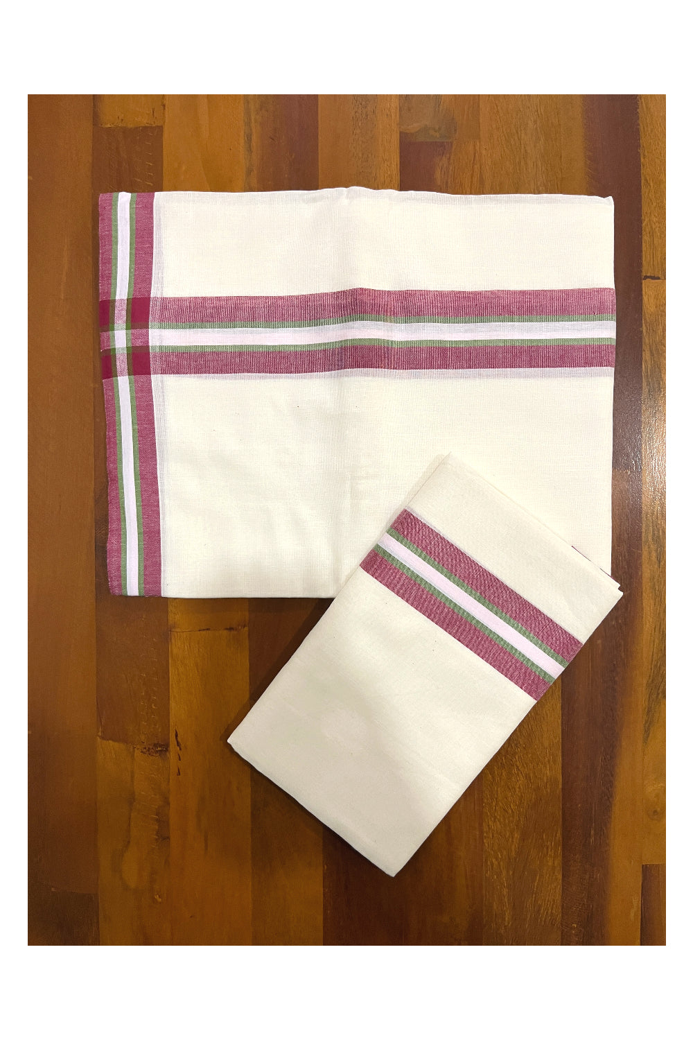 Kerala Cotton Mundum Neriyathum Single (Set Mundu) with Red and Green Mulloth Border (Extra Soft Cotton) 2.80 Mtrs