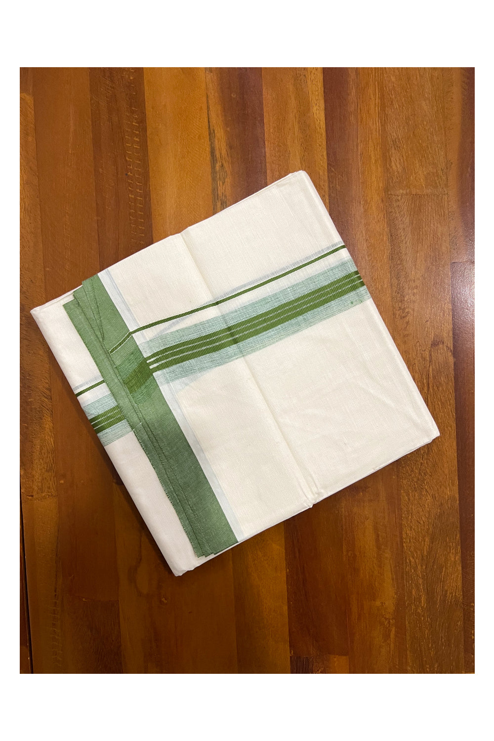 Pure Cotton Off White Double Mundu with Green Border (South Indian Dhoti)