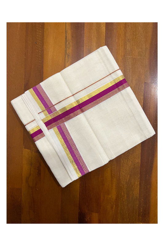 Southloom Premium Handloom Pure Cotton Mundu with Magenta and Kasavu Border (South Indian Dhoti)