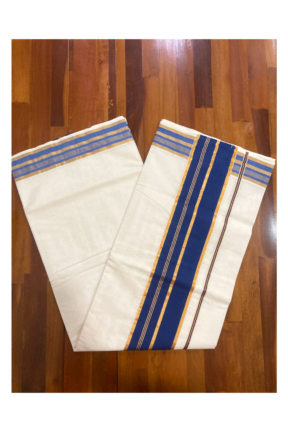 Kerala Pure Cotton Plain Saree with Kasavu and Blue Border