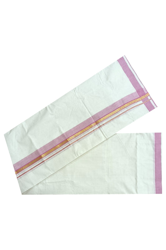 Off White Kerala Double Mundu with Kasavu and Pink Kara (South Indian Dhoti)