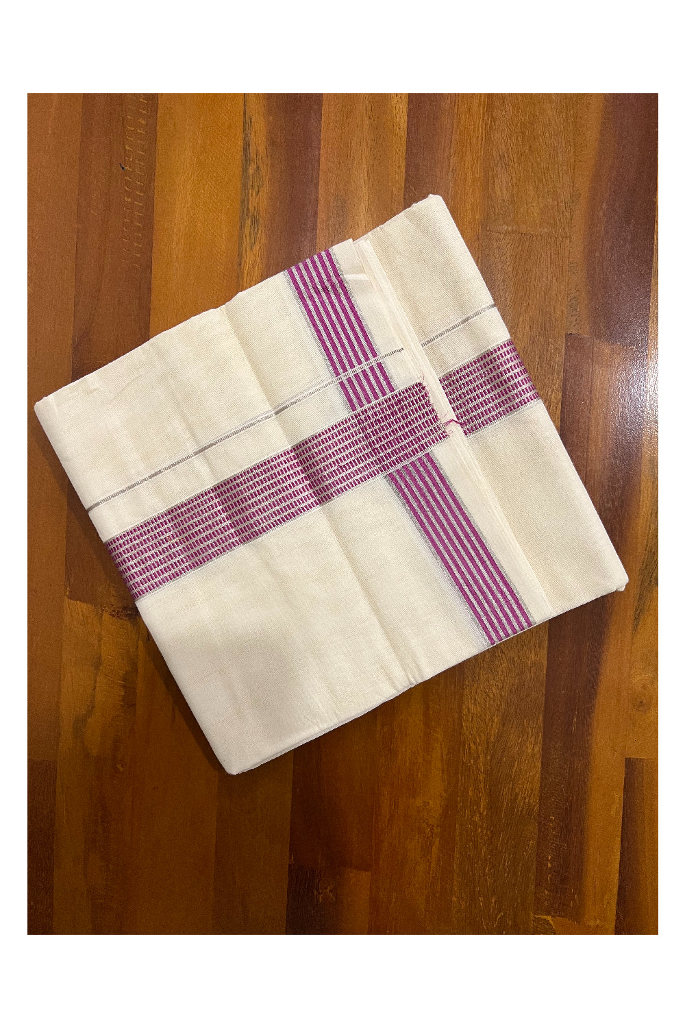 Southloom Kuthampully Handloom Pure Cotton Mundu with Silver Kasavu and Magenta Border (South Indian Dhoti)