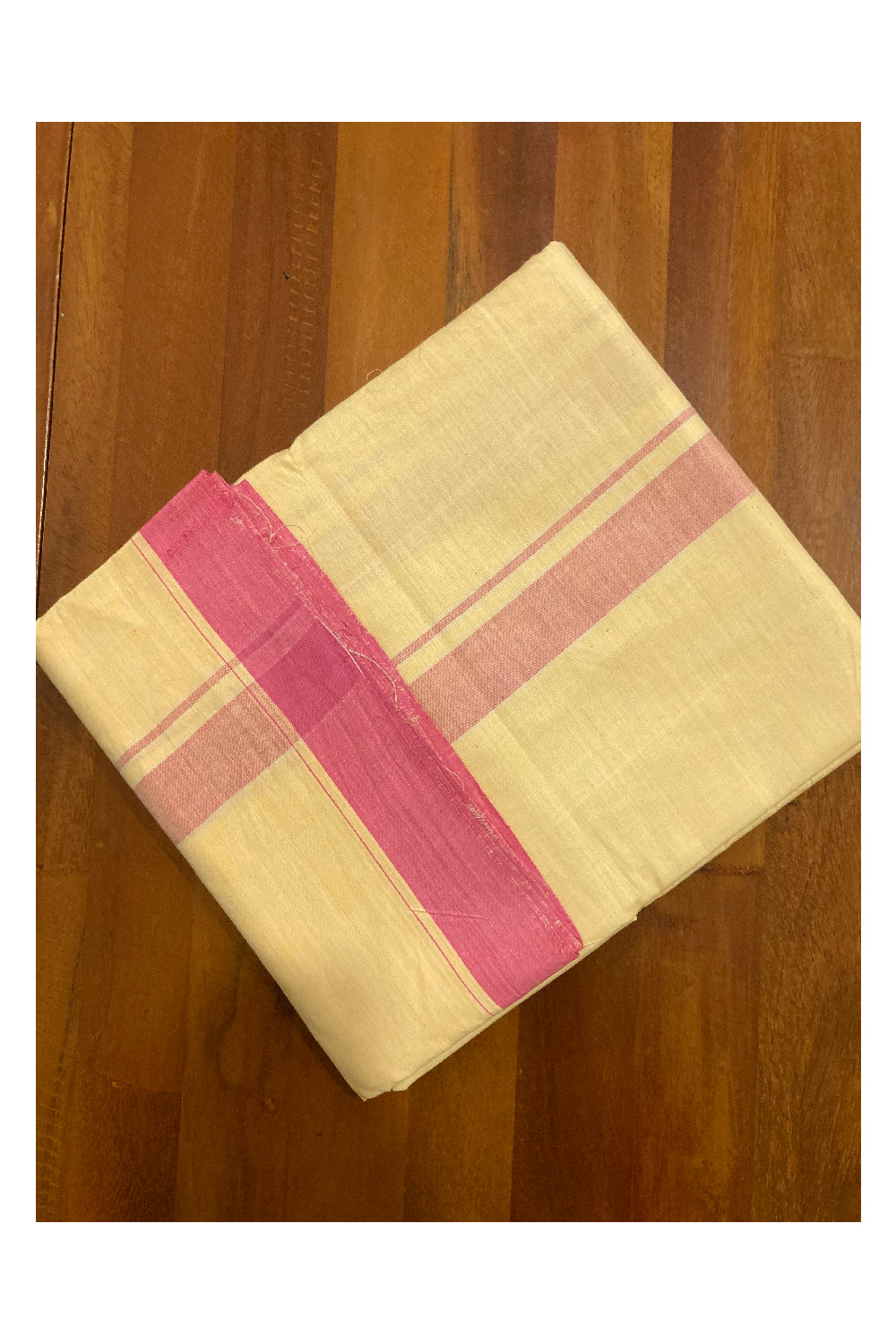 Southloom Premium Handloom Yellow Solid Single Mundu (Lungi) with Pink Border (South Indian Kerala Dhoti)
