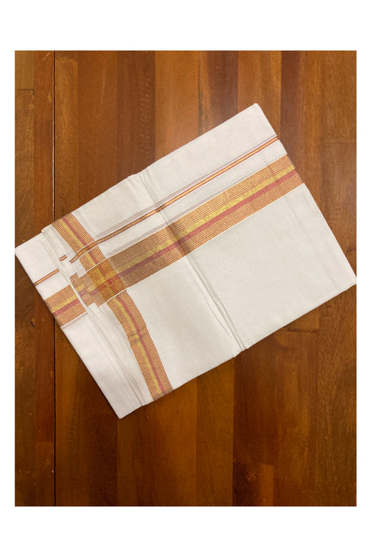 Southloom Premium Handloom Cotton Pure White Mundu with Golden and Red Kasavu Border (South Indian Dhoti)